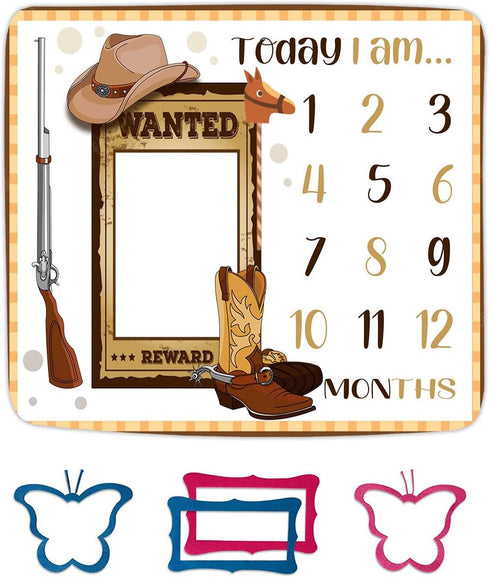 Cowboy Milestone Blanket Cowboy Life Hat Boots Hunting Gun and Wanted Rewards Baby Blanket for Theme Photography Props Newborn Gifts 48x40in...